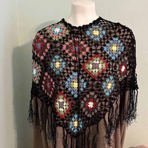 Vintage Accessories - Chelsey Black Crochet shawl poncho with granny squares and fringe